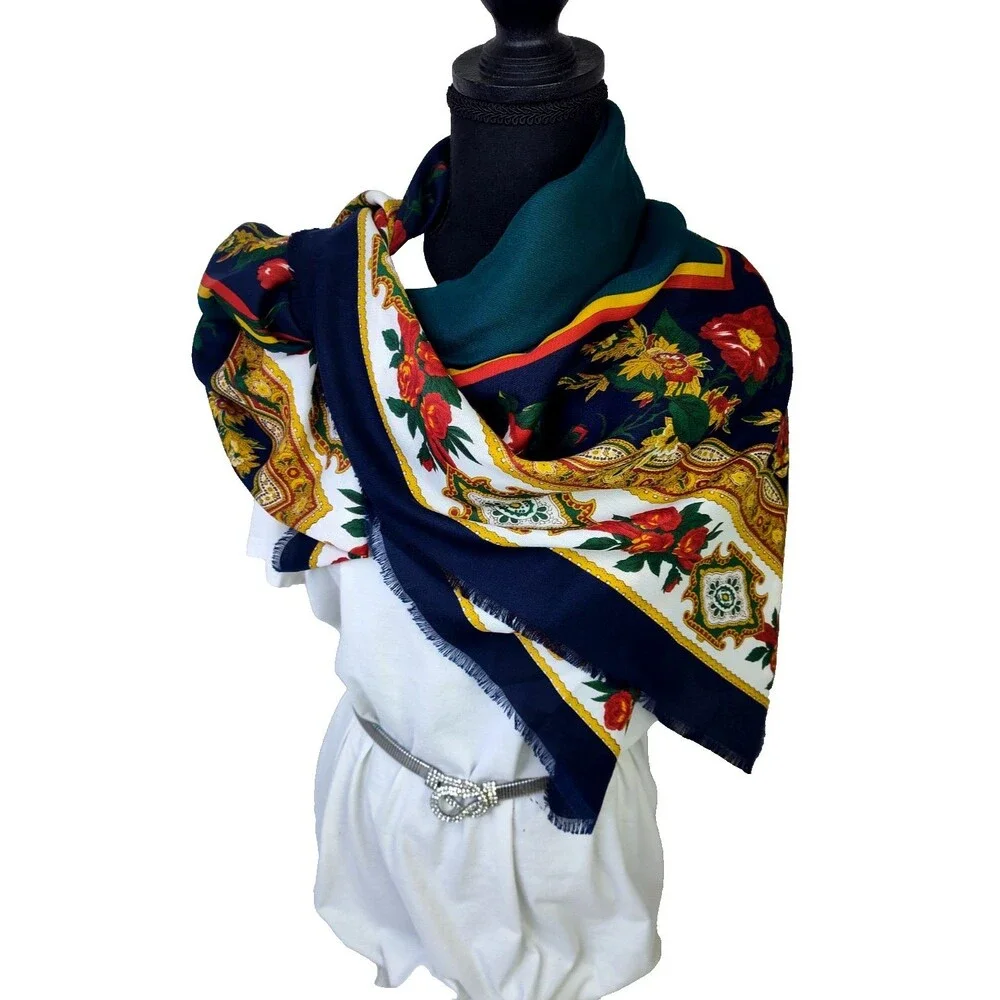 VTG Elaine Gold  Italy Scarf Shawl Blue Burgundy Green Floral Paisley 45”x45